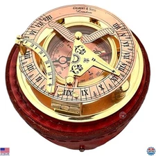 Steampunk Brass Sundial Compass with Copper Dial in Leather Case - Unique Gift