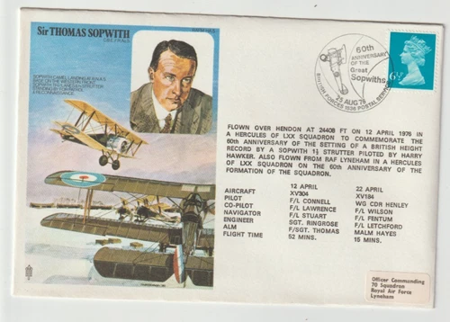 25/8/1976 UK GB Flown Cover - RAFM HA5 - Sir Thomas Sopwith CBE, FRAeS