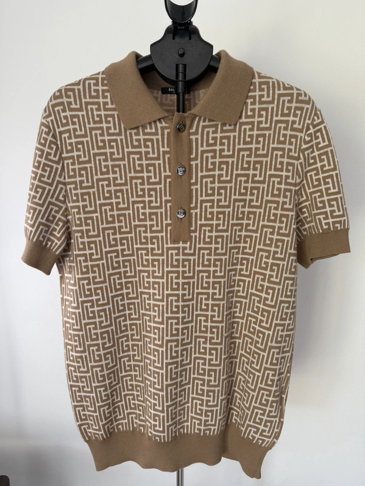 Balmain — Balmain Monogram Wool Linen Polo Shirt Size M