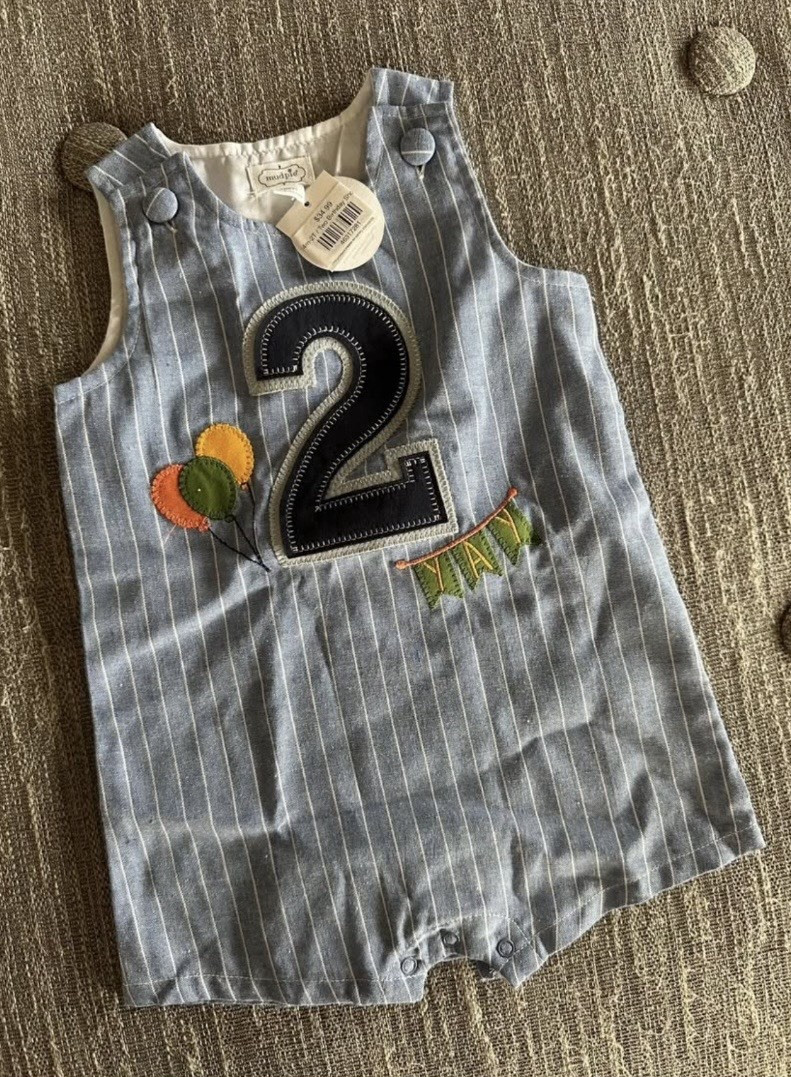 Boys Blue Striped Birthday Romper One-Piece 2T Sleeveless Cotton Denim Snap