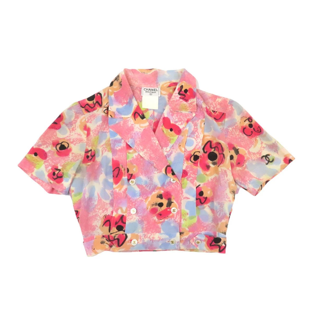 Chanel — CHANEL COCO Mark Floral Silk Cropped Short-Sleeve Shirt Camelia Women Pink