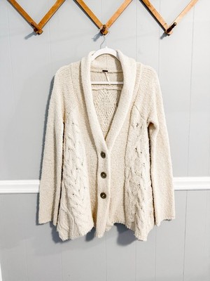 Free People Far Away Cable Knit Cream Button Up Cardigan Sweater Small