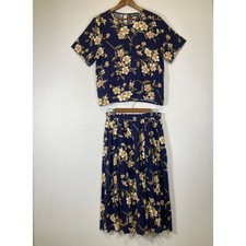 Vintage Cottagecore Sag Harbor Women Medium Navy Floral Rayon Skirt Set 2 Piece