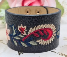 Black Faux Leather Boho Floral Embroidered Cuff Bracelet Adjustable Length Snaps