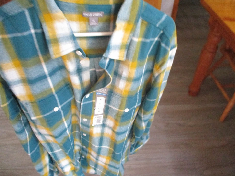 New Falls Creek Men's Flannel Button Up Shirt,Teal & Yellow,Size Xlg - Image 2 of 4