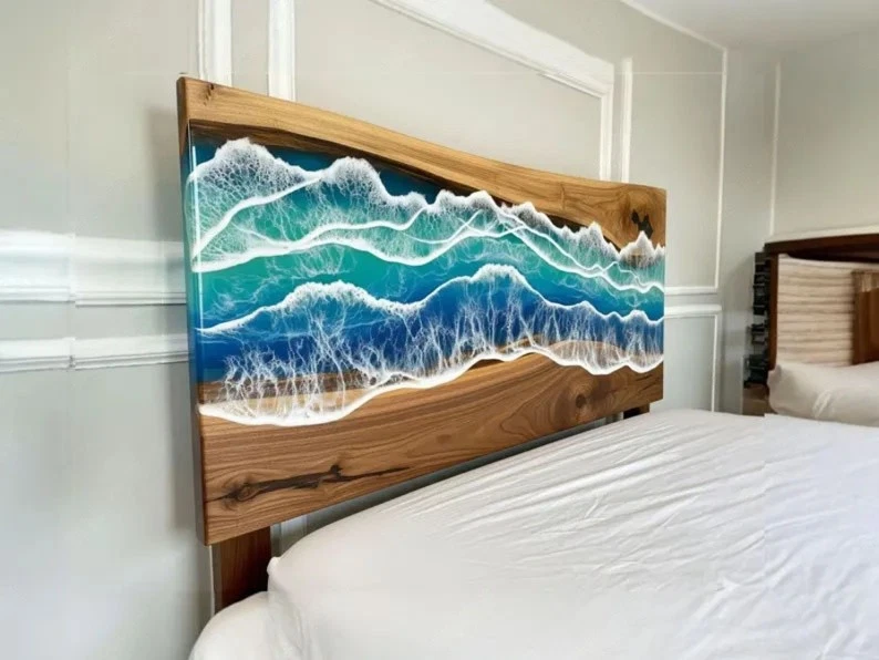 King Size эпоксидная смола океанские волны изголовье: ручной работы деревенский современный настенное искусство - Изображение 2 из 4