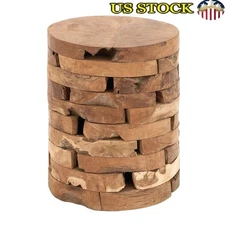 Handmade Teak Wood Live Edge Accent Table Brick Inspired Design Indoor Use