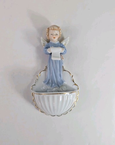 Vtg Porcelain Hand Painted Blue Angel Holy Water Font Religious Wall Hanging Art