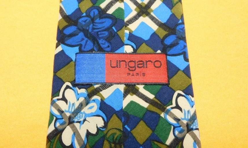 UNGARO PARIS MADE IN ITALY BLUE/GREEN/WHITE FLORAL/GEOMETRIC TIE - DESIGNER TIES - Image 3 of 3