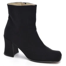 Ladies Delman Square Toe Zip Ankle Boots 5.5 M Black Satin Chunky Heels Spain