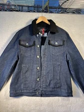 2APM Mens Denim Jacket Large Black Faux Fur Collar American Street Vision