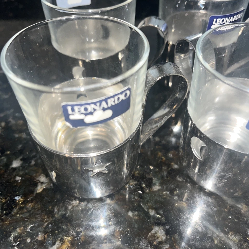 8件套复古莱昂纳多玻璃浓缩咖啡杯银色金属碟子全新带标签 — 第 2/4 张图片