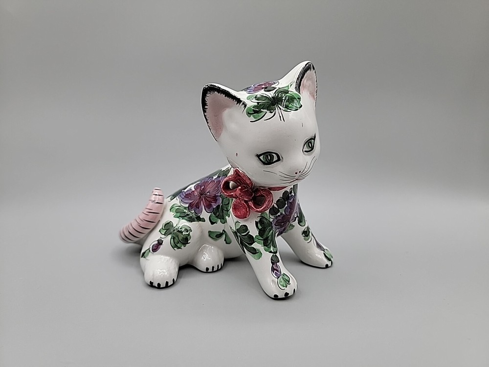 Vintage Italian Hand Painted Ceramic Green Eyes Cat Floral Body  Made In Italy
