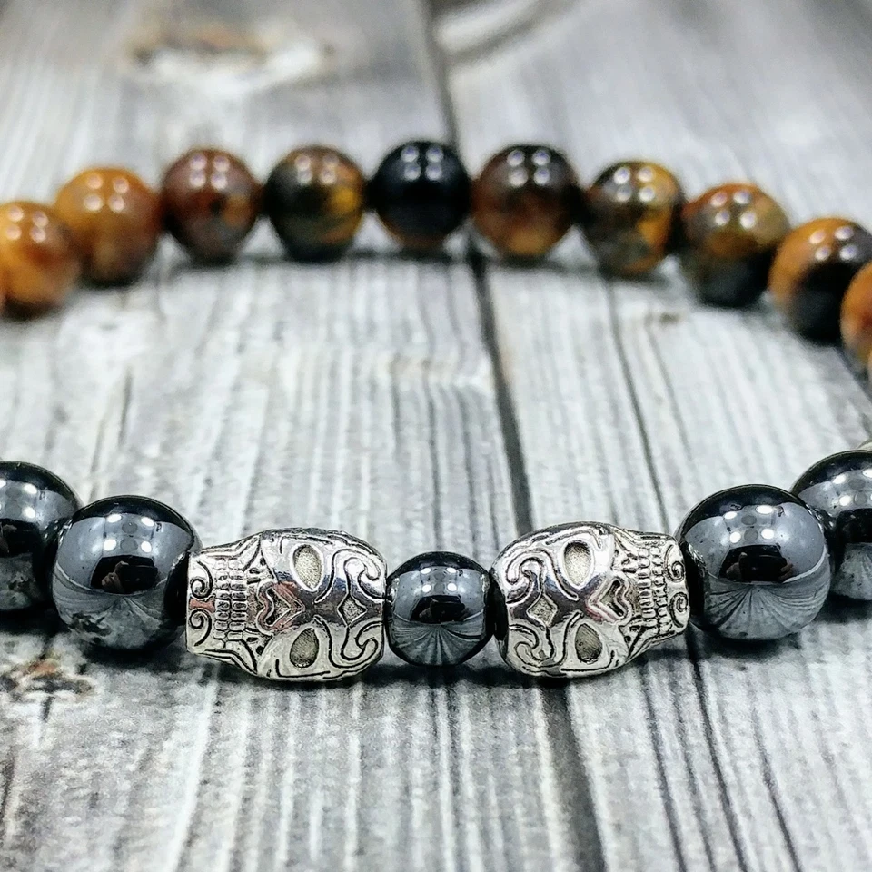 Pulsera para hombre 8"L calaveras de azúcar mexicanas 8 mm ojo de tigre + piedras preciosas de hematita con cuentas Foto 2 de 4