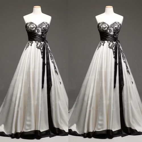 Gothic Black and White Wedding Dress Strapless Corset Lace Applique Bridal Gown= - Picture 1 of 13