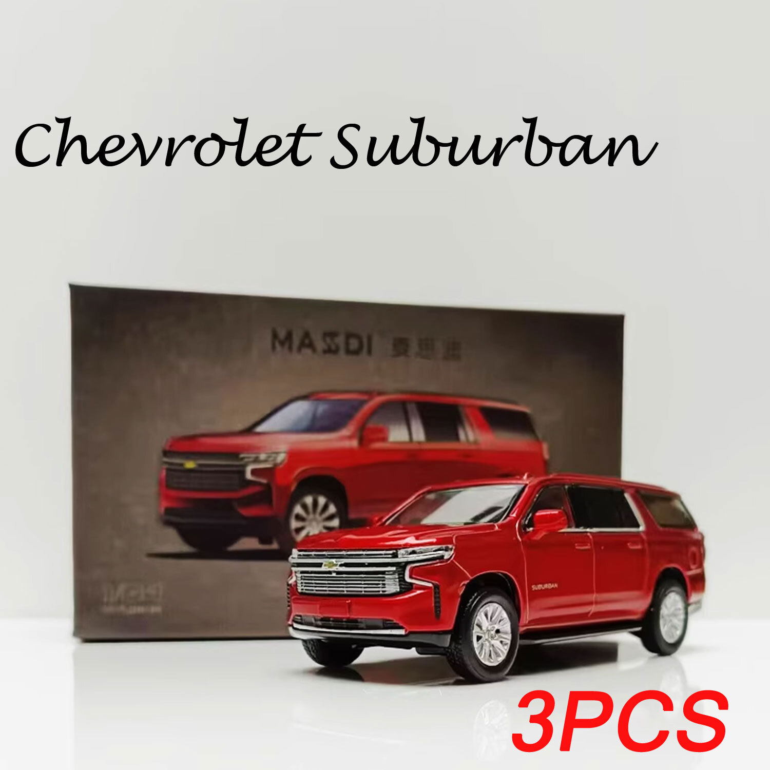 3PCS Masdi 1:64 Red Suburban SUV Diecast Model Toy Car Collection