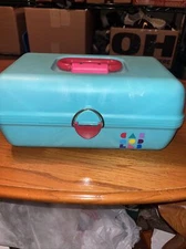 Vintage Caboodles Makeup Case Turquoise Teal Marble & Pink Slide Tray Model 2602