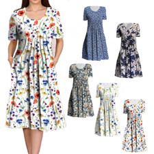 Women Floral Crew Neck Short Sleeve Midi Dress Ladies Baggy Pocket Pleated Dress