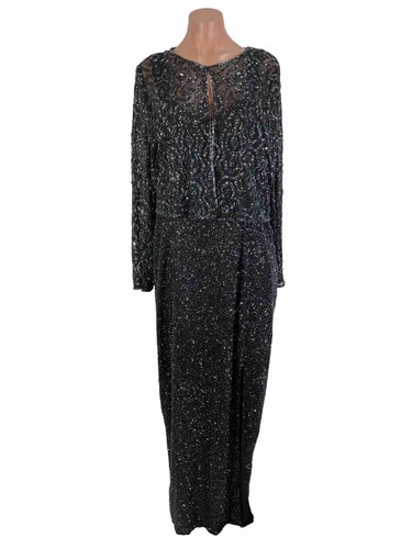 Cassandra Stone Beaded 2pc Dress Jacket Floor Length Silk Gown Navy MOB Evening