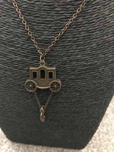 Cinderella Carriage Show Brass Tone Pendant Necklace Red Rhinestone Continuous - Picture 6 of 9