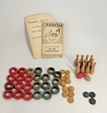 Vntg 1946 Carrom Game Wood Pieces Replacement Parts Tops Rings Pins Instructions