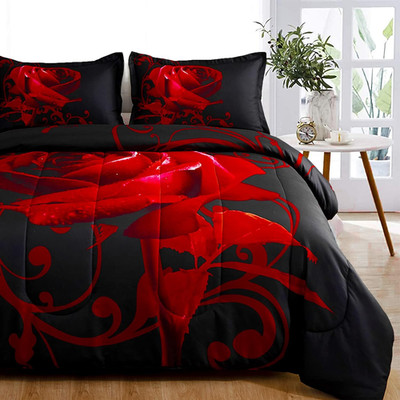 Red Comforter Set King, Reversible Red Rose Pattern Printed Bedding down Comfort