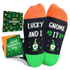 St Patricks Day Gifts - Lucky Socks for 7-9 Year Old 7-9 Years Gnome It Black