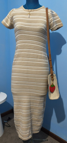 Valleygirl Knit Maxi Dress S Beige Cream Stripe Short Sleeve Bodycon Stretch