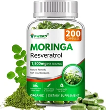 200 Count Organic Moringa Pure Powder Oleifera Leaf Capsules, Moringa Oleifer...