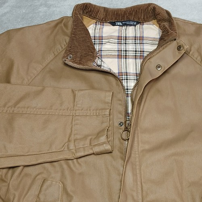 #ad ZARA Chore Jacket XL Beige Corduroy Collar Wax Effect Cotton Half Plaid Lined $44.95