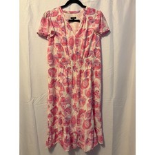 Talbots Poppies Floral Dress Pink Smocked Waist Flutter Sleeve Ruffle Hem Sz 8