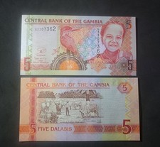 GAMBIA 5 Dalasis; P -25c from 2006, UNC; Featuring a Giant Kingfisher and Cattle