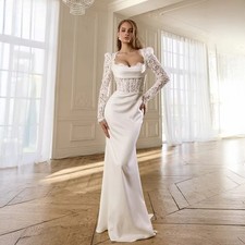 Square Neck Lace Long Sleeves Mermaid Wedding Dresses Satin Romantic Bridal Gown