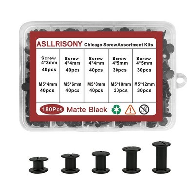 180 Sets Matte Black Chicago Screws Kit 5 Sizes Round Flat Head Rivets M5
