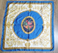 Vintage Italy Square 34 X 34 Floral Scarf Blue Gold Red Rolled Edge