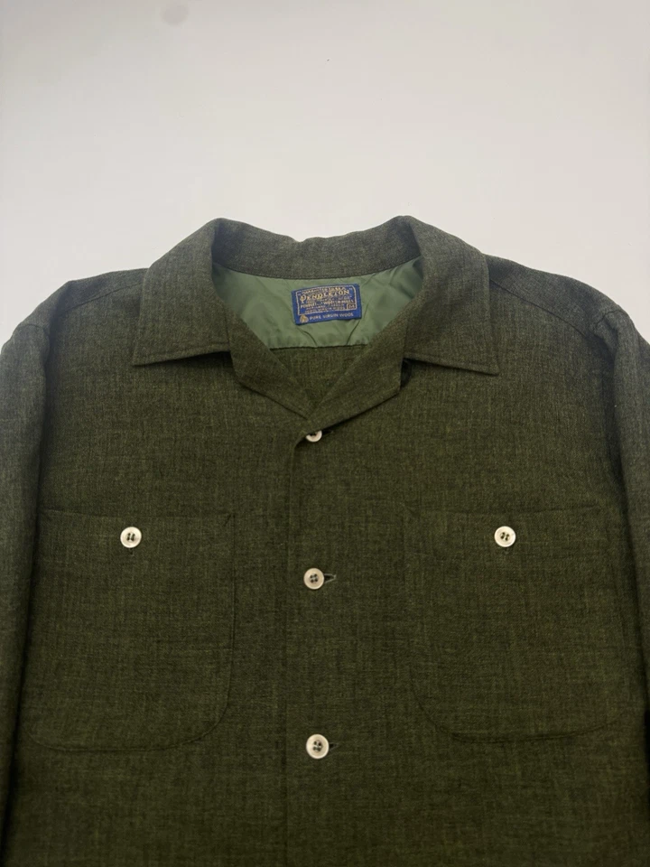 Camisa de Lana Pendleton Vintage Años 50 60 Cuello Lazo Verde Militar Para Hombre’s M Foto 3 de 4