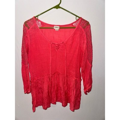 Daytrip Blouse Womens Size L Pink Peplum Lace Sleeve Lace-Up Boho
