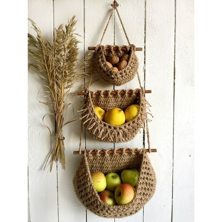 Natural Jute 3 Tier Hanging Baskets Storage Home Decor Fruit Basket Organisation image 3