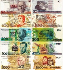 BRASILE - Lotto 5 banconote 50/100/200/500/1000 Cruzeiros 1990 FDS - UNC