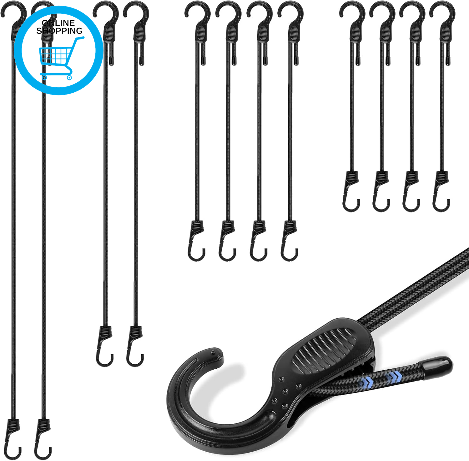 Bungee Cords with Hooks, 12 PCS Freely Adjustable Length Bungee Straps, Multi-Pu