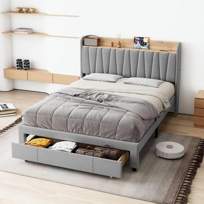 Bed Frame with Storage Headboard & Charging Station,Noise-Free Easy Assembly