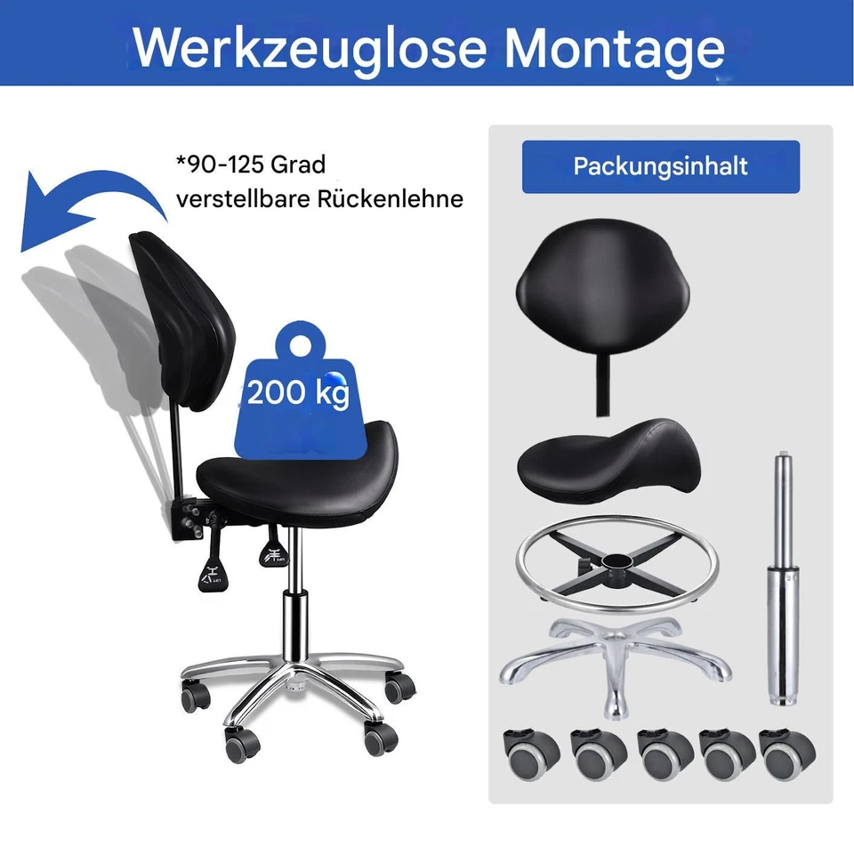 Hocker Sattelhocker Rollhocker Verstellbar Hocker mit Rückenlehne Drehbar Stuhl - Bild 4 von 4