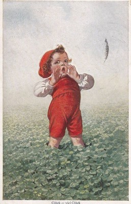 ARTIST POSTCARD HANS IN LUCK by Wally Fialkowska, Child in Clover with Red Hat