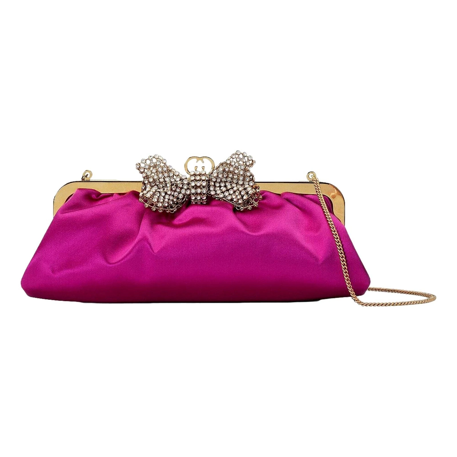 Borsa a tracolla Gucci Broadway fucsia raso cristallo fiocco pochette catena NUOVA