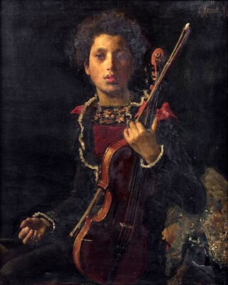 Oil painting Antonio+Mancini-A+Young+Violinist young boy playing handmade canvas