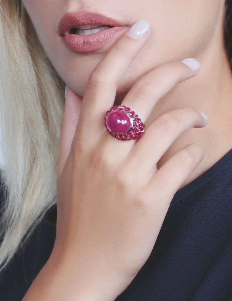 21.62CT Bezel Set Fancy Cubochon Shape Ruby Stylish 935 Argentium Silver Ring - Image 4 of 4