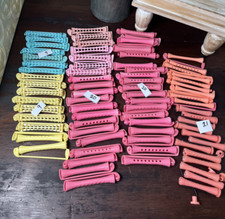 Vtg. 77 LOT Plastic Elastic Swing Arm Permanent Hair Curlers Perm Rods S1