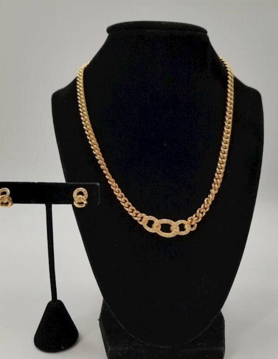 CHRISTIAN DIOR Gold Tone Icy Necklace & Earrings Jewelry Set IOB