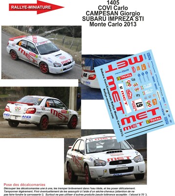 DECALS 1/32 REF 1405 SUBARU IMPREZA COVI RALLYE MONTE CARLO 2013 WRC RALLY