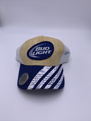  Bud Light Tan Blue White Weave Snapback Hat Cap Bottle Opener Budweiser Beer